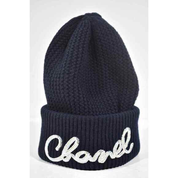 Chanel 22A Cashmere Navy Blue Silver Sequin CC Logo Beanie Winter Hat Cap Cloche - Picture 1 of 10